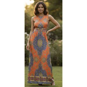 VINTAGE BARD'S TORONTO 1970s Paisley Satin Maxi Dress Multicolor Retro Boho